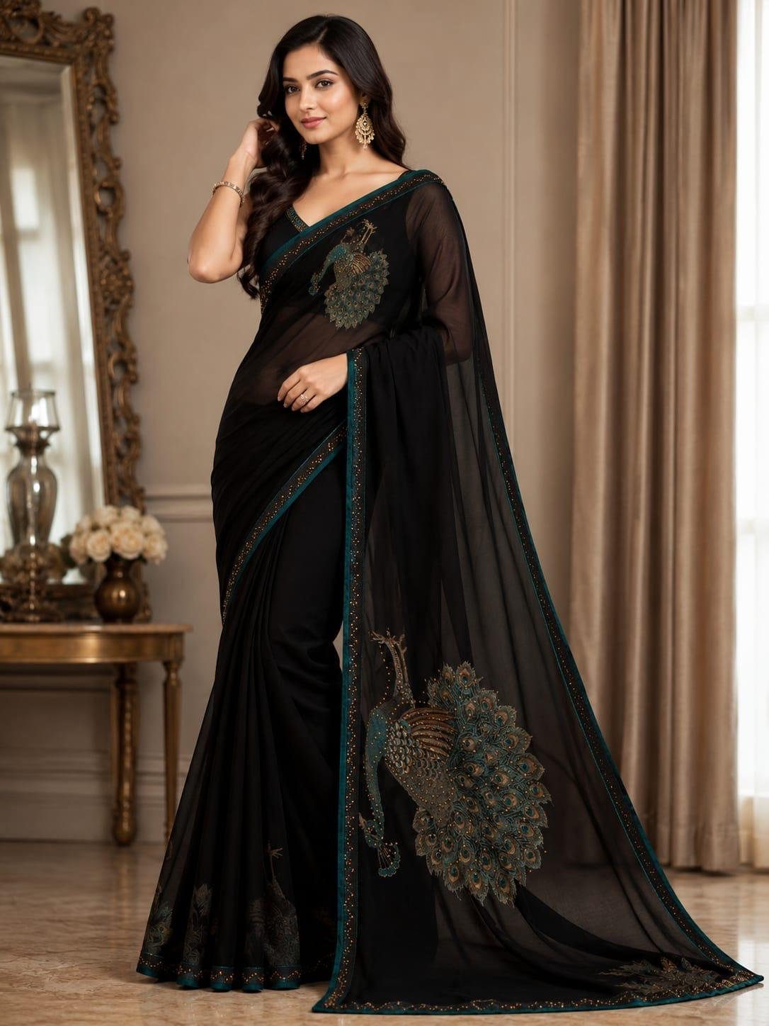 Black Designer Saree with Peacock Print & Teal Green Boarder