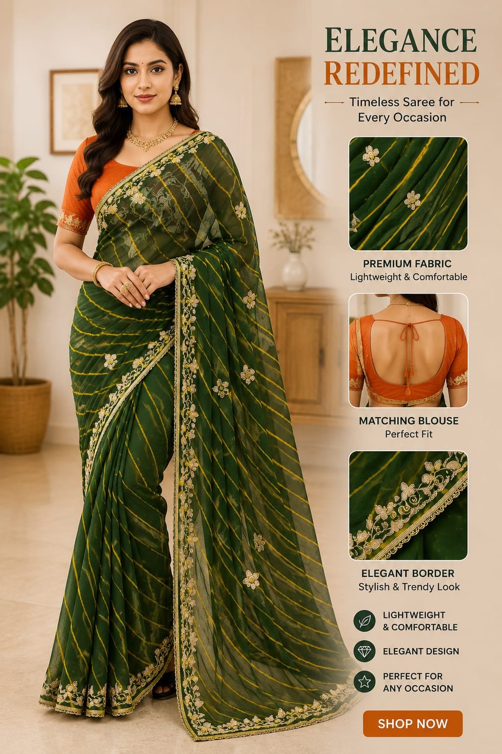 Chiffon saree contrast blouse with zari work sequence