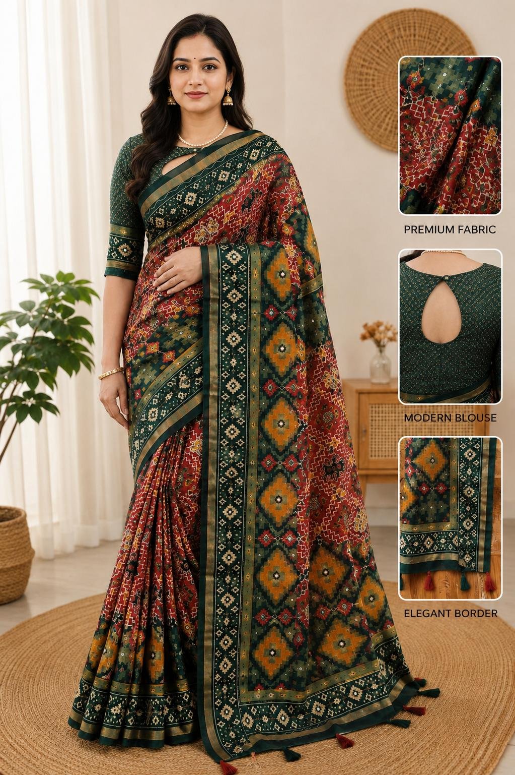 Mulcotton saree contrast blouse with zari mirror work