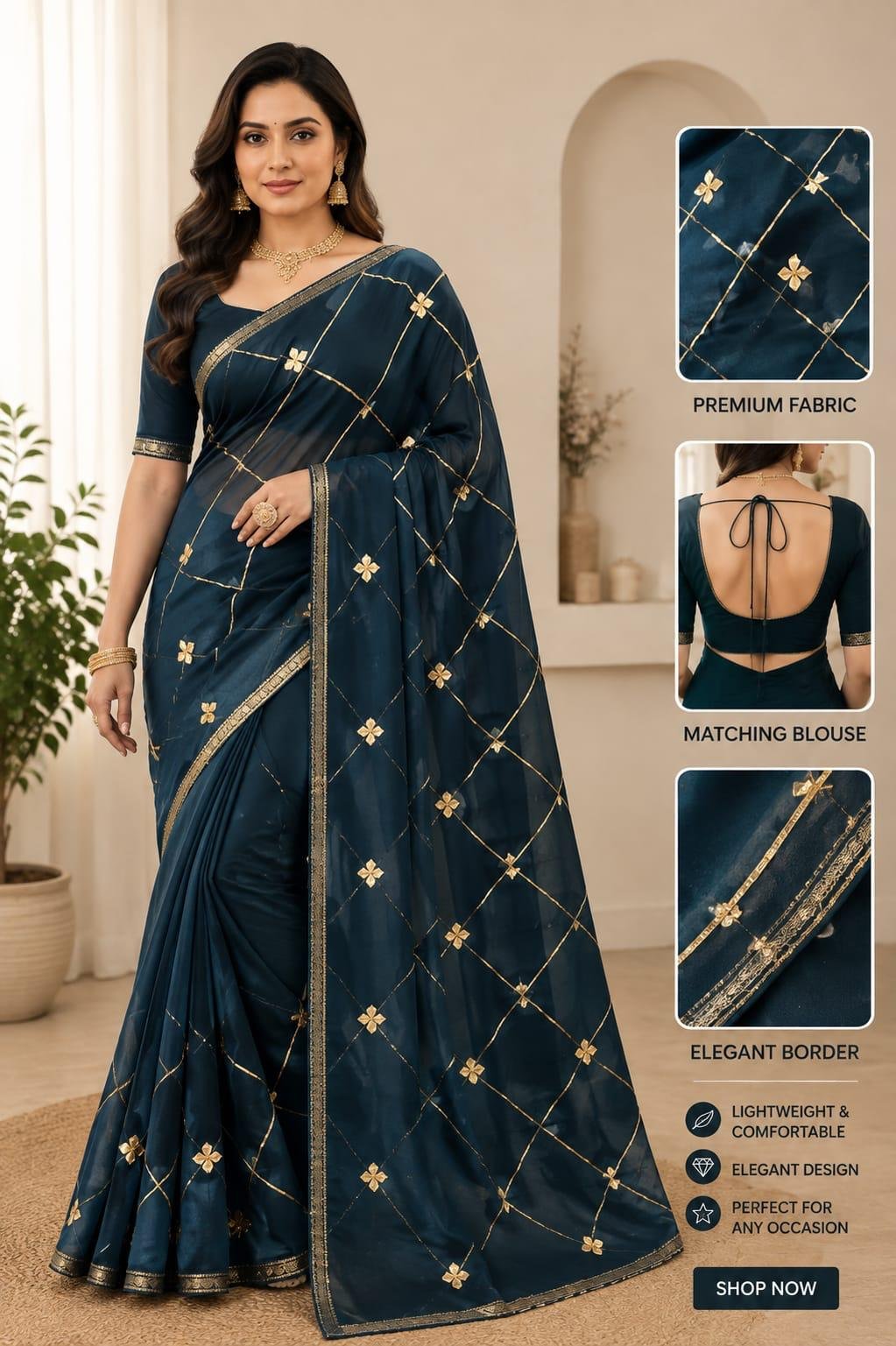 Navy Blue Floral Checks Printed Saree with Matching Blouse Lightweight Designer Party Wear Saree