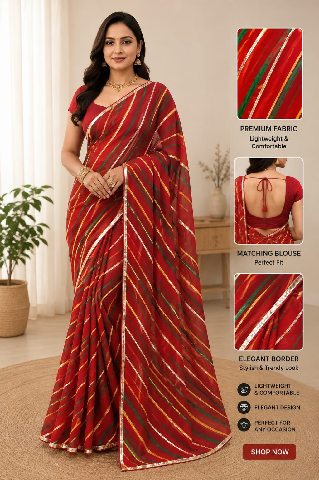 Red Leheriya printed saree with matching blouse
