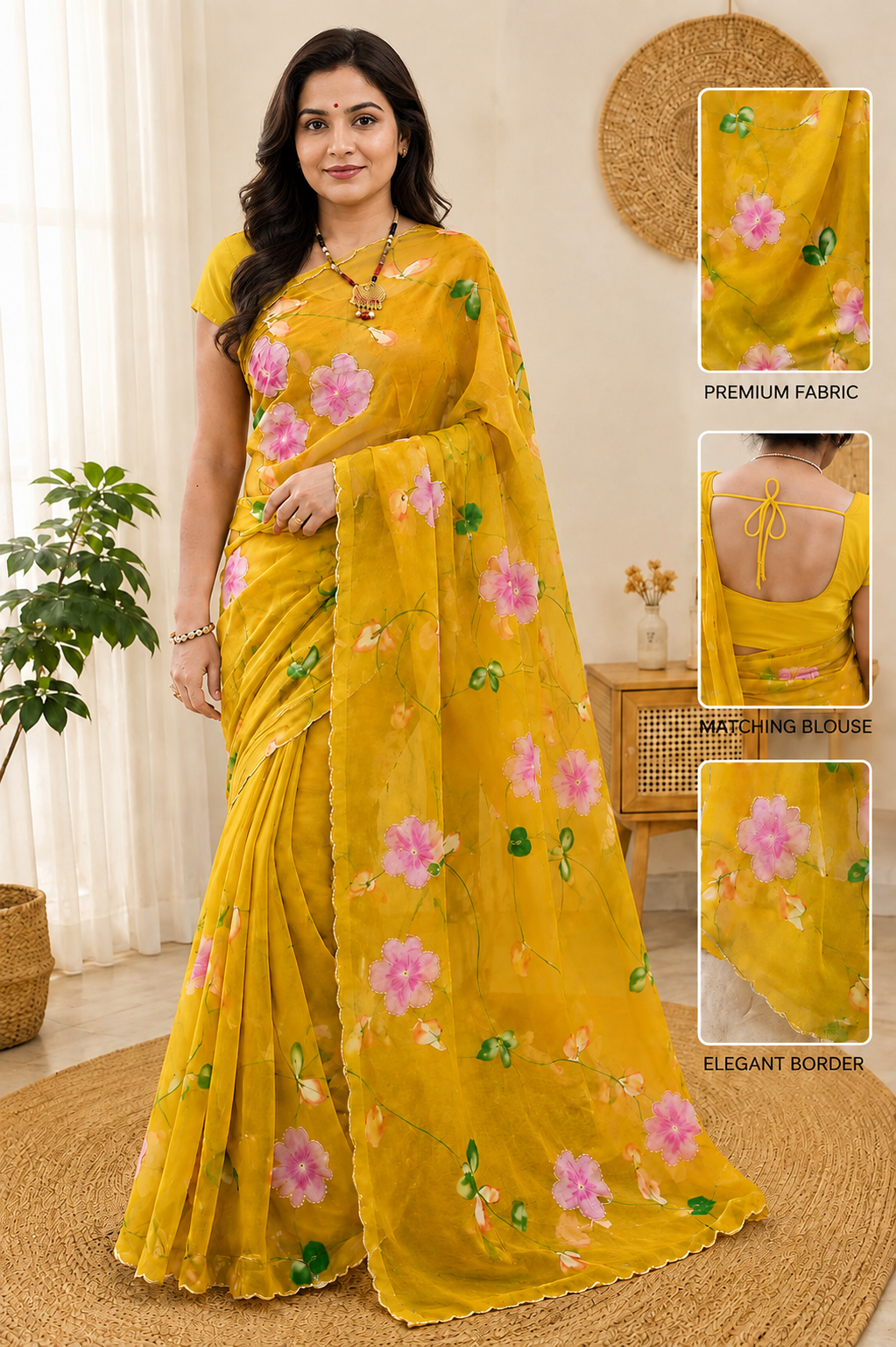Premium Mustard Yellow Floral Printed Georgette Saree with Matching Blouse Piece | Lightweight Party Wear & Casual Wear Saree