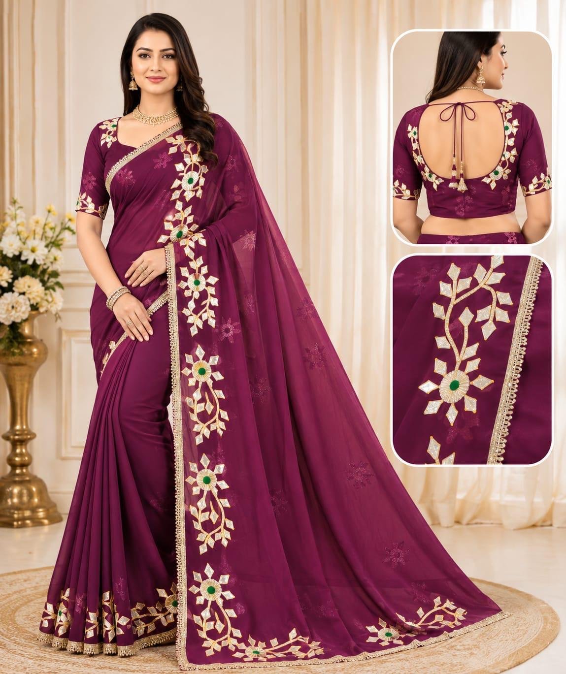 Maroonish Wine Gotta Patti Saree