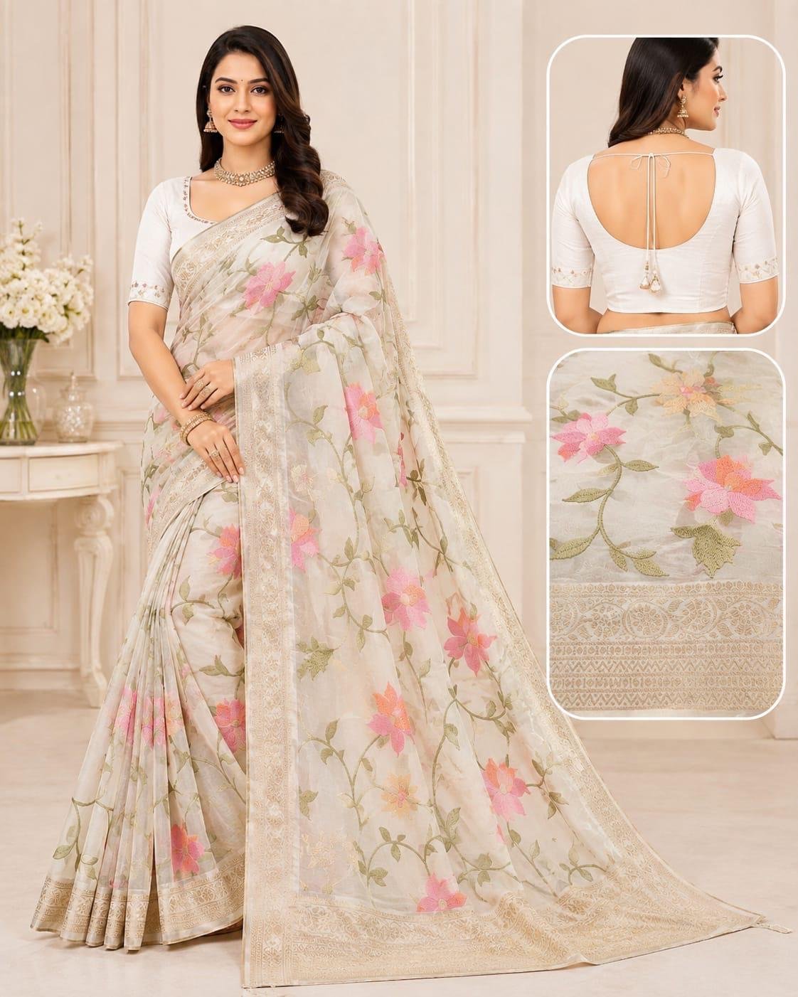 Ivory Cream Floral Embroidered Designer Saree